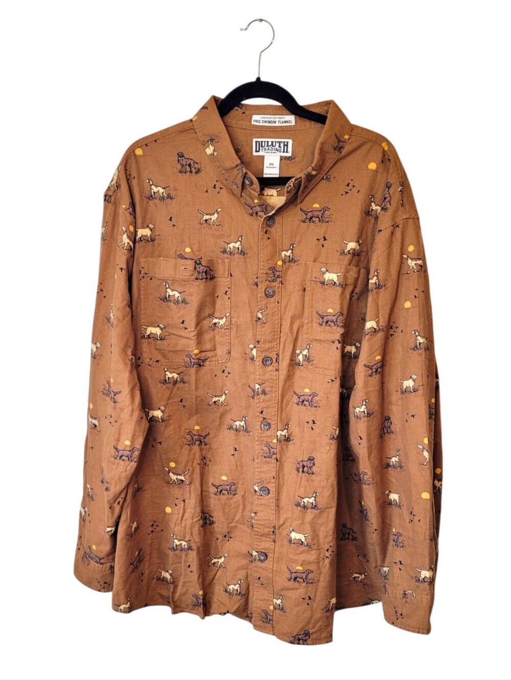 Duluth Trading Co Free Swingin' Flannel Brown Dog & Sun Print Button-Up Shirt 2X